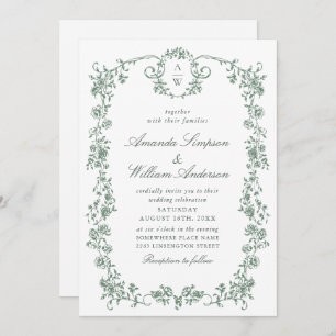 Victorian Ornate Grace Floral Sage Green Wedding Invitation