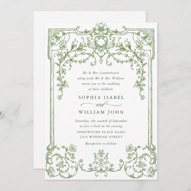 Victorian Ornate Grace Floral Sage Green Wedding Invitation (Front/Back)