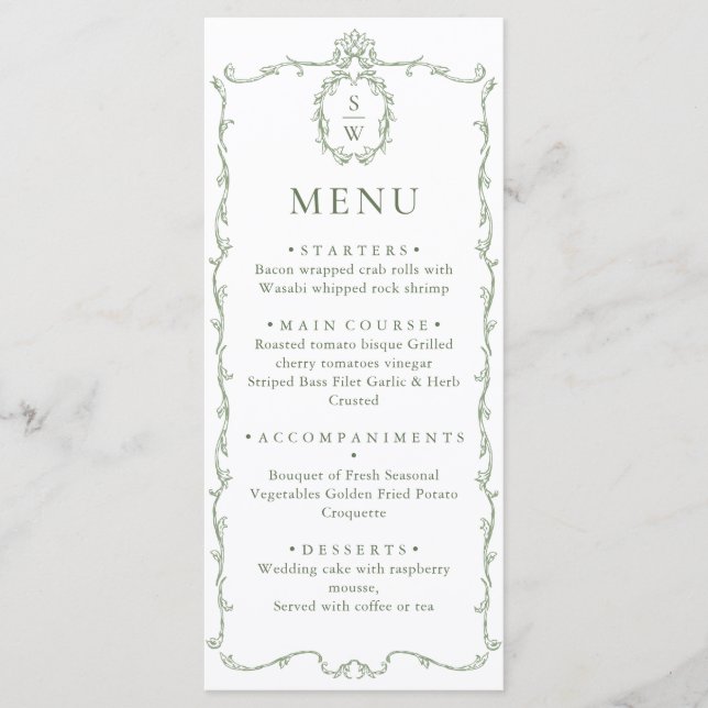 Victorian Ornate Grace Floral Sage Green Wedding Menu (Front)
