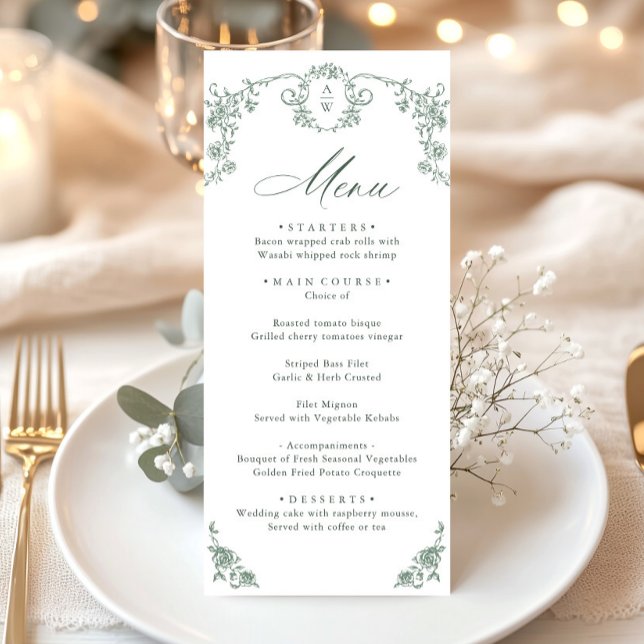 Victorian Ornate Grace Floral Sage Green Wedding Menu (Creator Uploaded)
