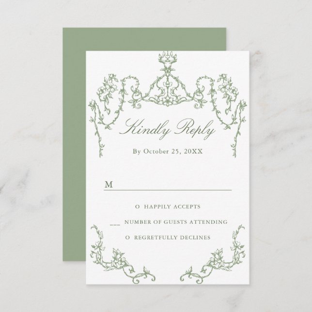 Victorian Ornate Grace Floral Sage Green Wedding RSVP Card (Front/Back)