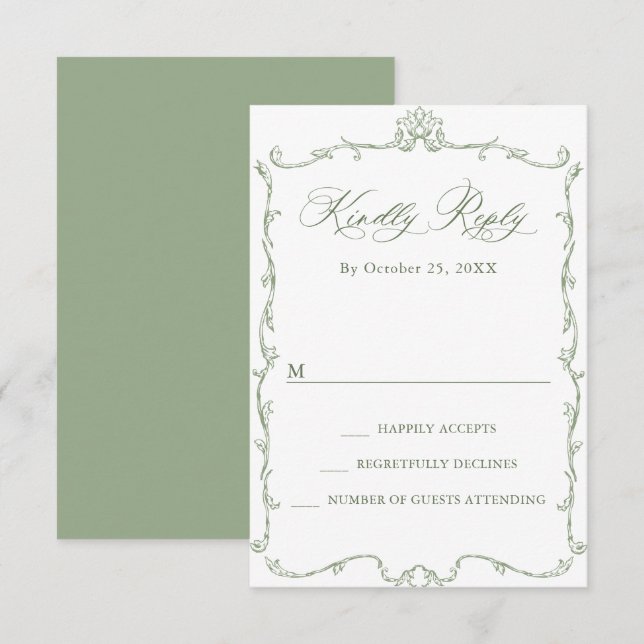 Victorian Ornate Grace Floral Sage Green Wedding RSVP Card (Front/Back)