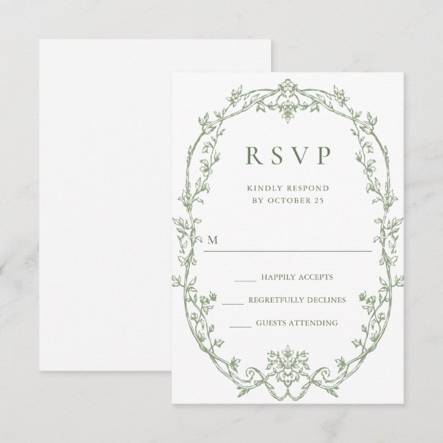 Victorian Ornate Grace Floral Sage Green Wedding RSVP Card (Front/Back)