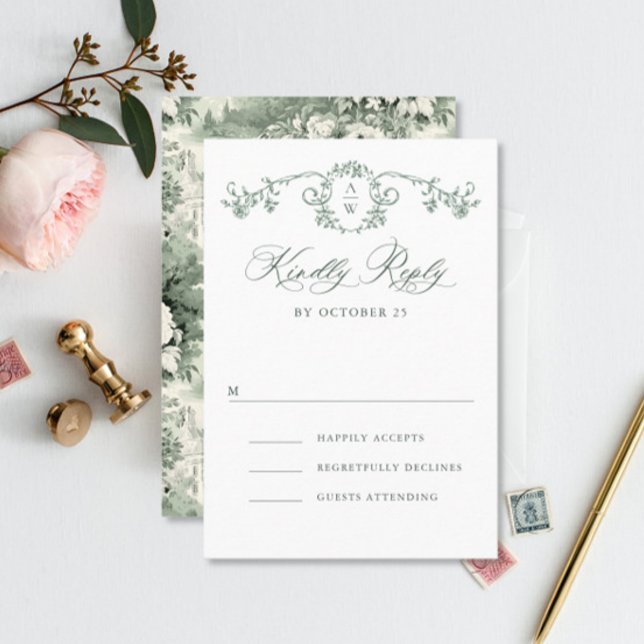 Victorian Ornate Grace Floral Sage Green Wedding RSVP Card (Creator Uploaded)