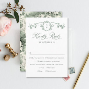 Victorian Ornate Grace Floral Sage Green Wedding RSVP Card