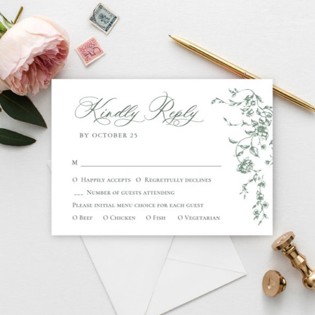 Victorian Ornate Grace Floral Sage Green Wedding RSVP Card (Creator Uploaded)