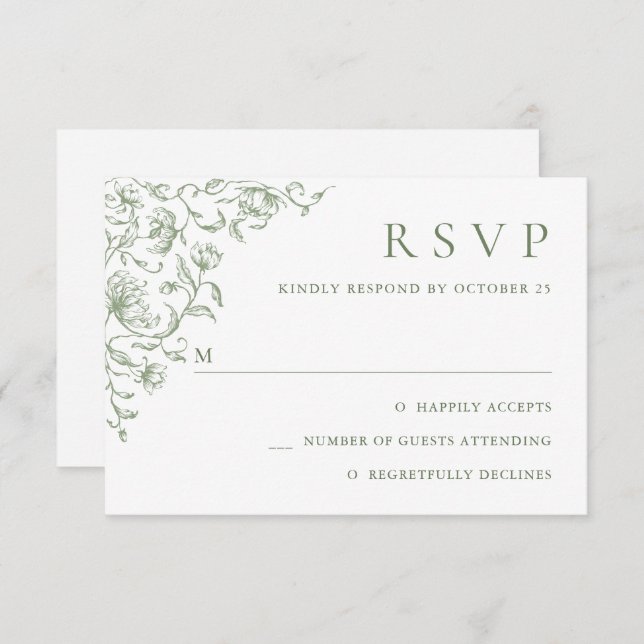 Victorian Ornate Grace Floral Sage Green Wedding RSVP Card (Front/Back)