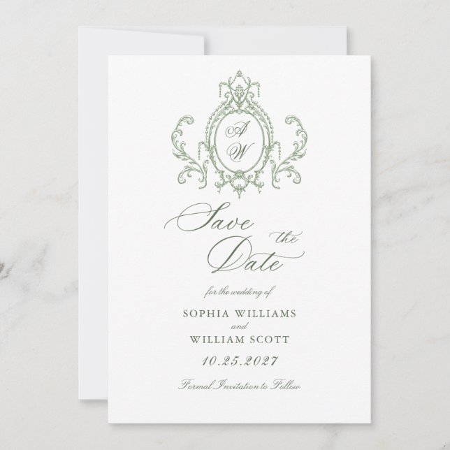Victorian Ornate Grace Floral Sage Green Wedding Save The Date (Front)