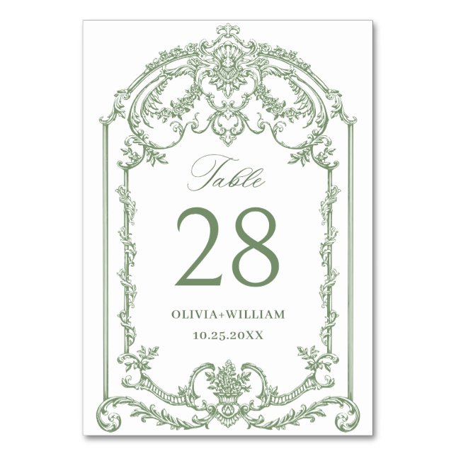 Victorian Ornate Grace Floral Sage Green Wedding Table Number (Front)