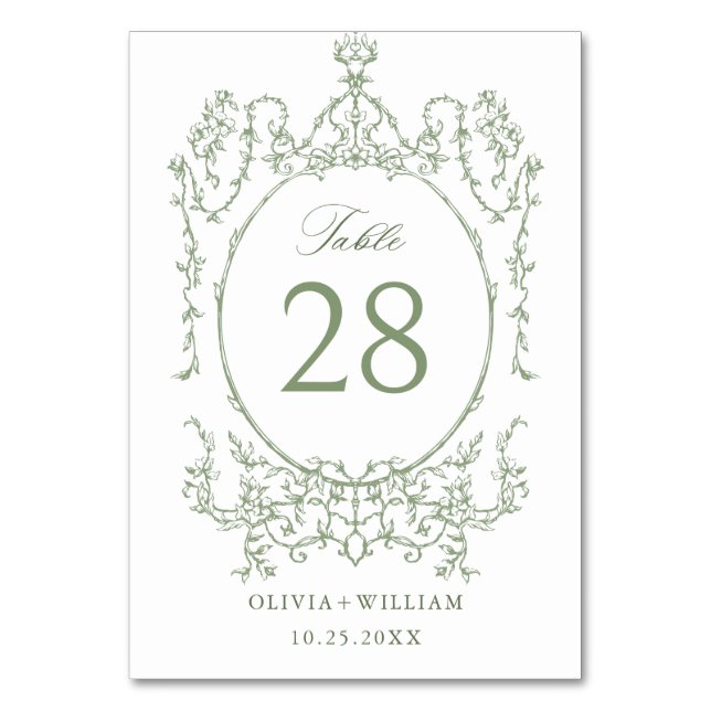 Victorian Ornate Grace Floral Sage Green Wedding Table Number (Front)