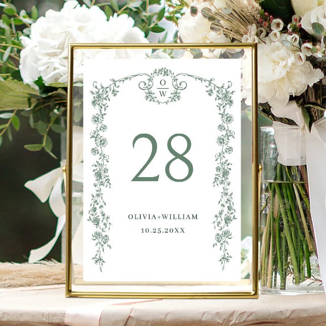 Victorian Ornate Grace Floral Sage Green Wedding Table Number (Creator Uploaded)