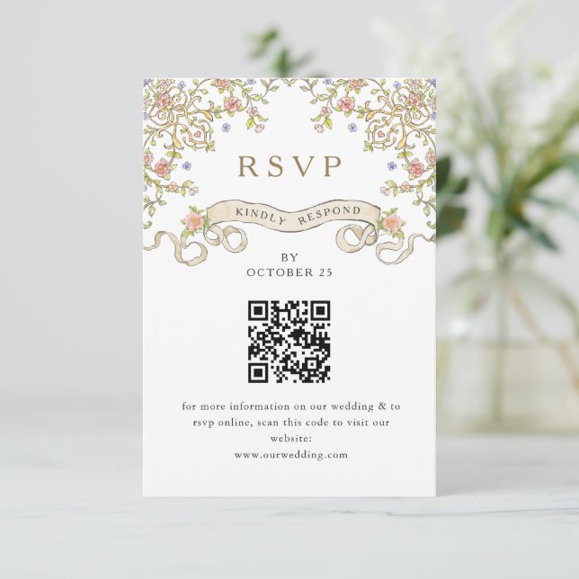 Victorian Ornate Grace Floral Wedding RSVP QR code (Standing Front)
