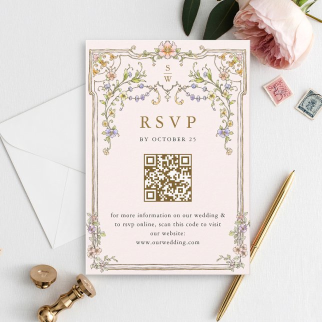 Victorian Ornate Grace Floral Wedding RSVP QR code Card (Creator Uploaded)
