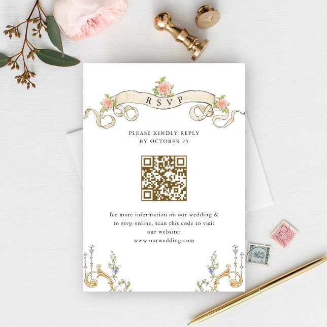 Victorian Ornate Grace Floral Wedding RSVP QR code Card (Creator Uploaded)