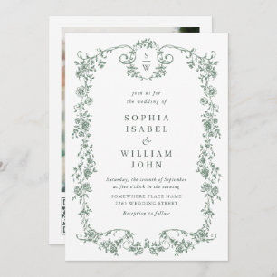 Victorian Ornate Grace Green Photo QR code Wedding Invitation