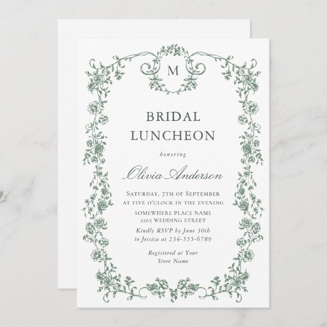 Victorian Ornate Grace Sage Green BRIDAL LUNCHEON Invitation (Front/Back)