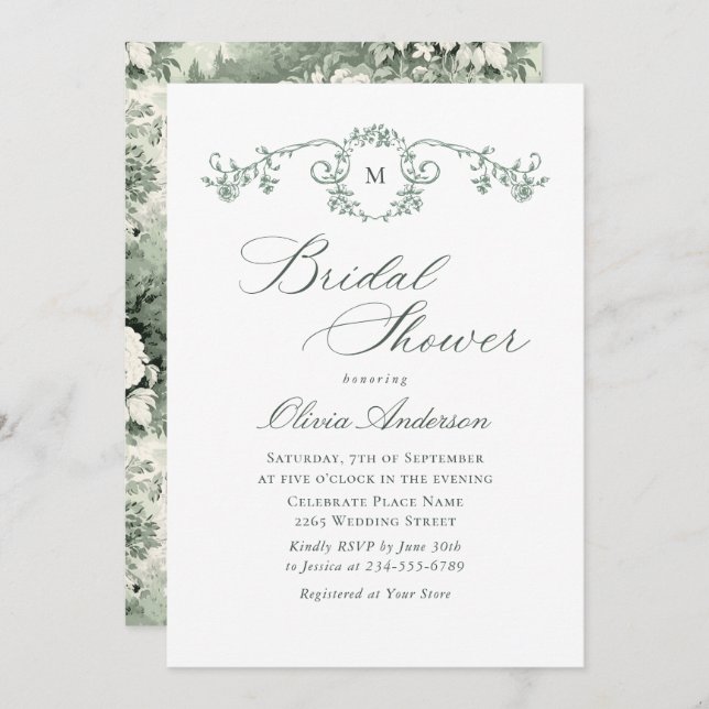 Victorian Ornate Grace Sage Green BRIDAL SHOWER Invitation (Front/Back)