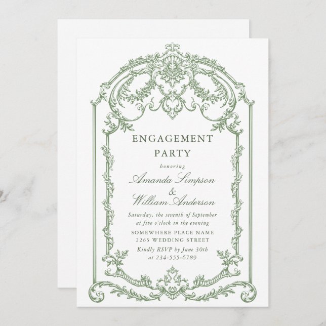 Victorian Ornate Grace Sage Green ENGAGEMENT PARTY Invitation (Front/Back)