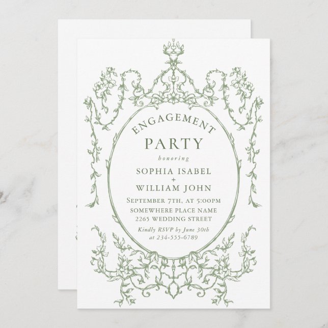 Victorian Ornate Grace Sage Green ENGAGEMENT PARTY Invitation (Front/Back)