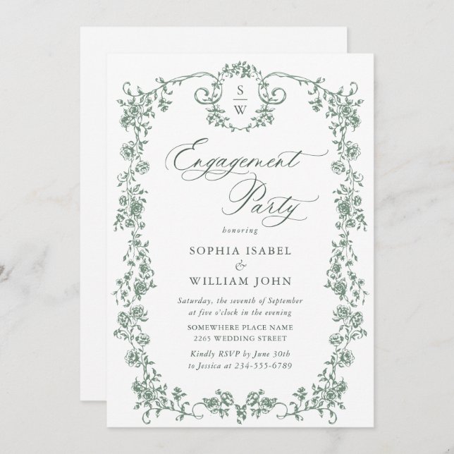 Victorian Ornate Grace Sage Green ENGAGEMENT PARTY Invitation (Front/Back)