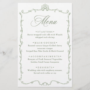 Victorian Ornate Grace Sage Green Wedding Menu