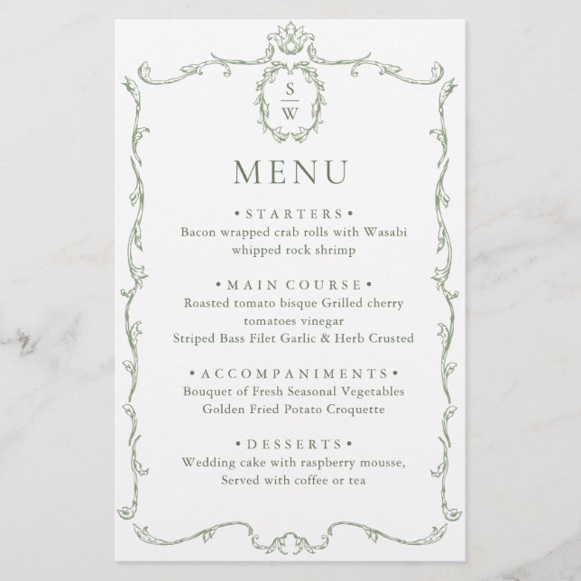 Victorian Ornate Grace Sage Green Wedding Menu (Front)