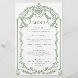 Victorian Ornate Grace Sage Green Wedding Menu