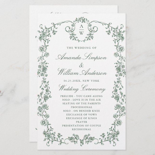 Victorian Ornate Grace Wedding Ceremony Program (Front/Back)