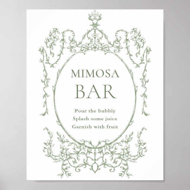 Victorian Ornate Sage Green Floral Mimosa Bar Sign (Front)