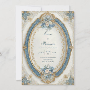 Victorian Oval Blue Floral Wedding  Invitation