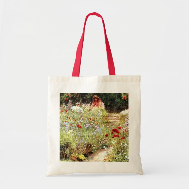 Victorian Painting of Girl in Flower Garden Tote Bag (Front)