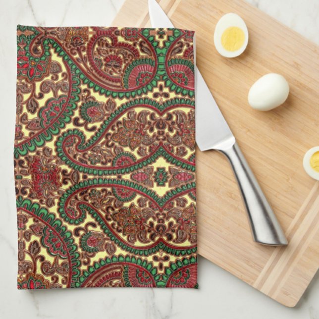 Victorian paisley pattern elegant red green gold tea towel (Creator Uploaded)
