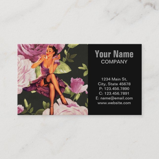 victorian Paris Botanical purple Rose Pin Up Girl Business Card (Front)