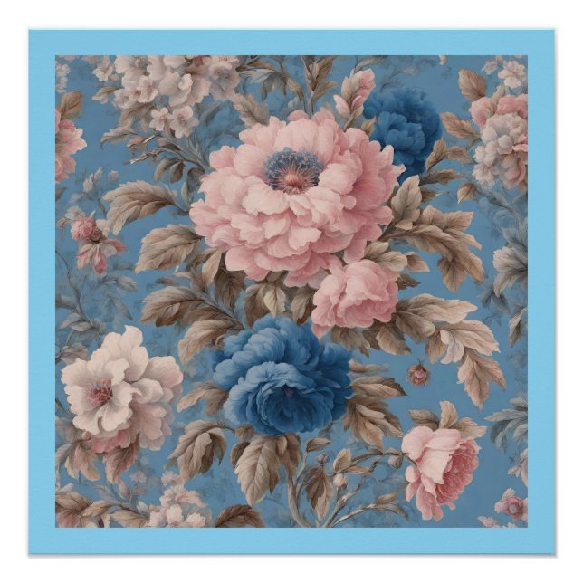 Victorian Pastel Blue And Pink Blossom  Poster (Front)