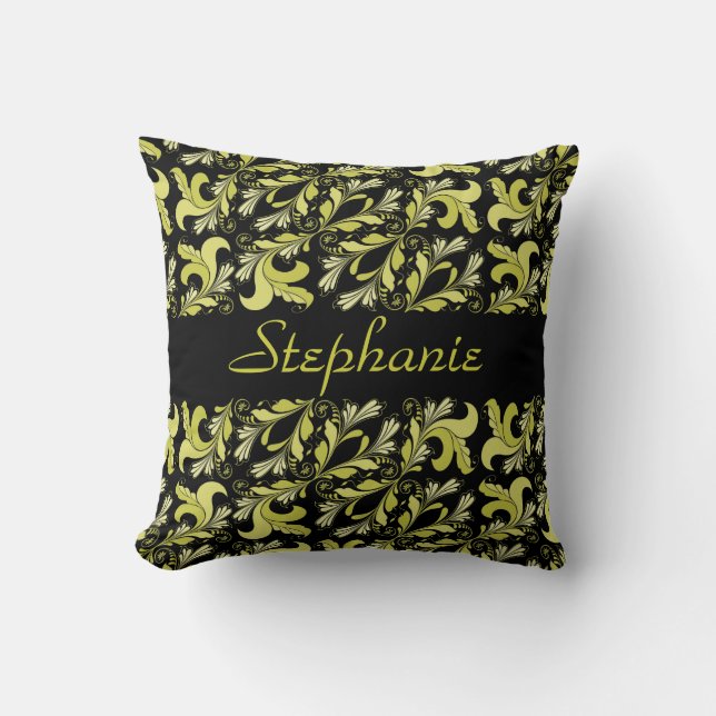 Victorian pattern, yellow, black, personalised cushion (Front)