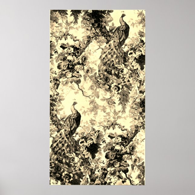 Victorian peacock floral toile pattern gold black  poster (Front)