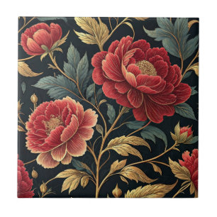Victorian Peony Botanical Pattern Ceramic Tile
