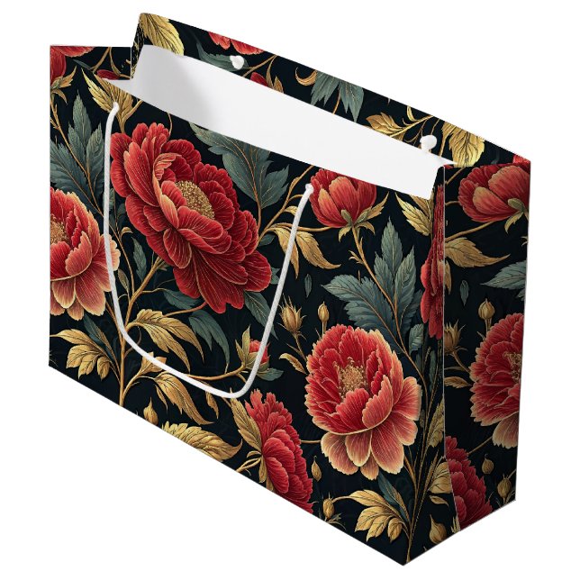 Victorian Peony Botanical Pattern Large Gift Bag (Front Angled)