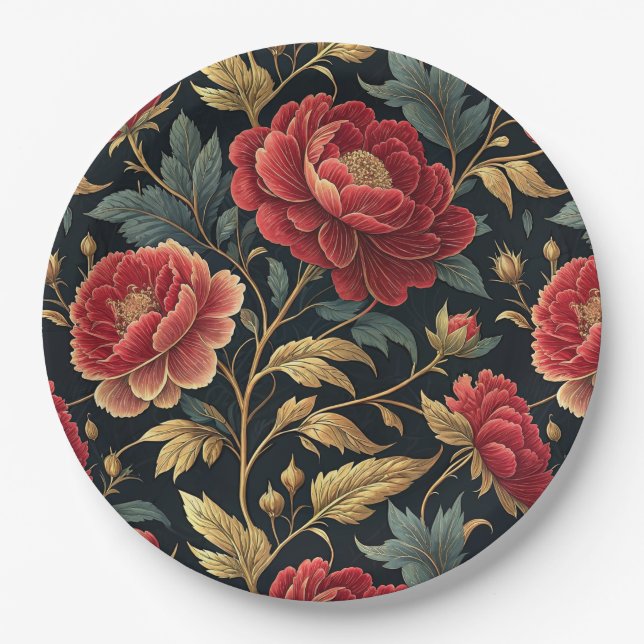 Victorian Peony Botanical Pattern Paper Plate (Front)