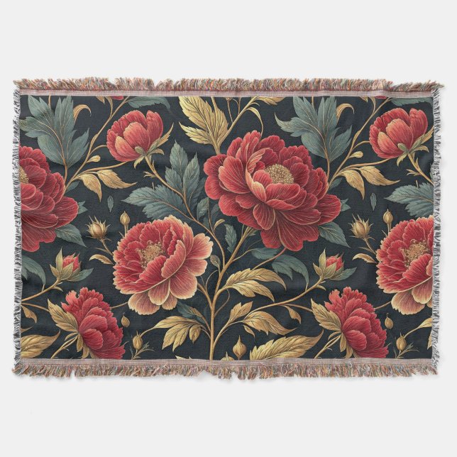 Victorian Peony Botanical Pattern Throw Blanket (Front)
