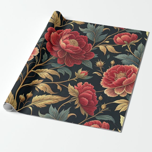 Victorian Peony Botanical Pattern Wrapping Paper (Unrolled)