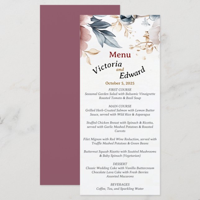 Victorian Peony Luxe Wedding Menu Card (Front/Back)