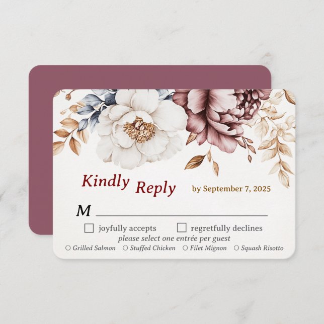 Victorian Peony Luxe Wedding RSVP Card Meal Choice (Front/Back)