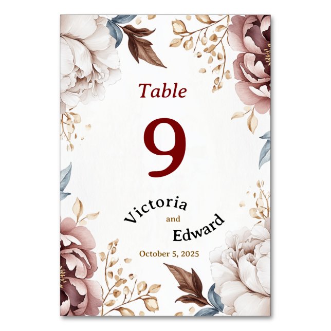 Victorian Peony Luxe Wedding Table Number Card (Front)