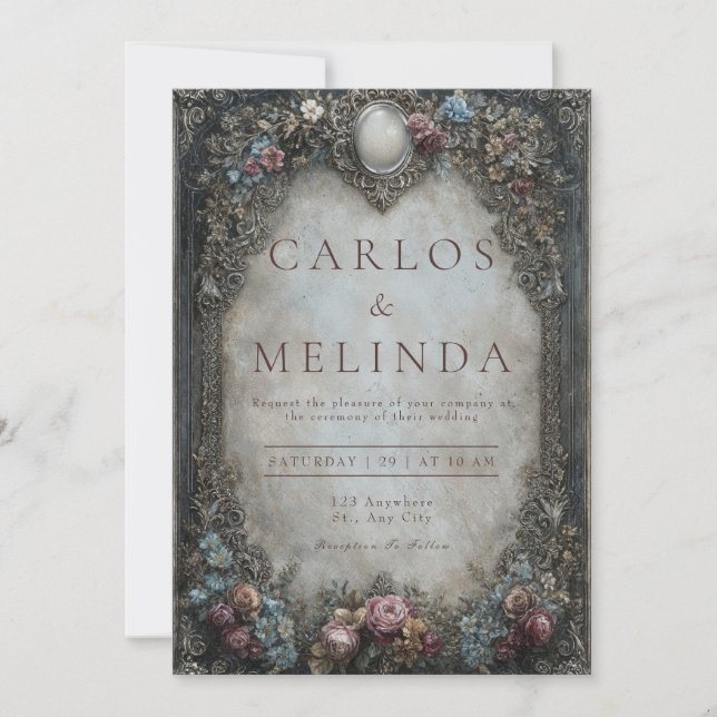 Victorian Pewter Grey Baroque Floral Wedding Invitation (Front)