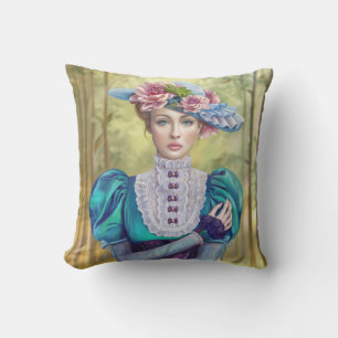 Victorian pillow, beautiful woman wearing a hat cushion