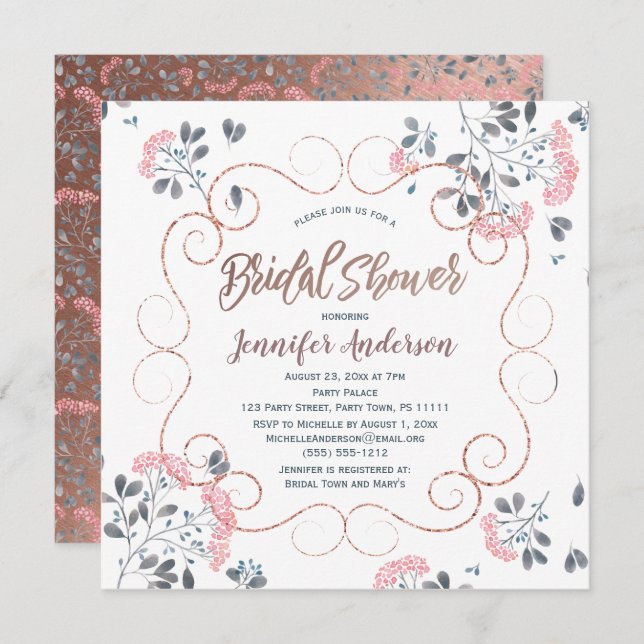 Victorian Pink Blue Rose Gold Floral Bridal Shower Invitation (Front/Back)