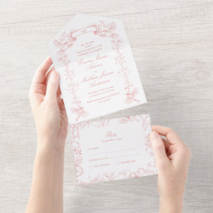 Victorian Pink Botanical Birds Wedding All In One Invitation