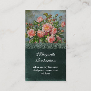 victorian pink damask roses blue business cards