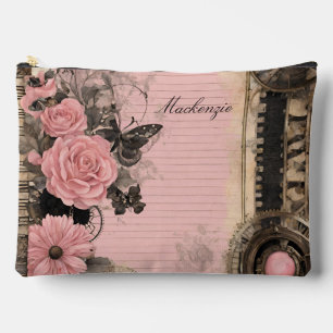 Victorian Pink Floral Black Steampunk Floral Accessory Pouch